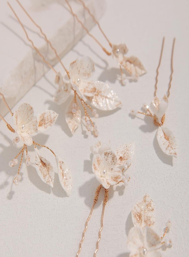 SELFCLOUD Bridal Hair Pins Soft Ceramic Flower Bride Wedding Hair Accessories Hair Piece for Women and Girls - Gold (6PCS) - Image 5